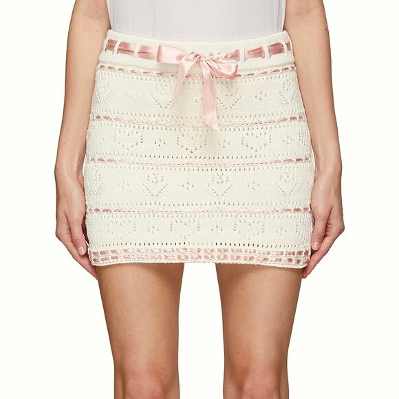 NWOT Bernadette Nina Heart Pointelle Knit Mini Skirt White Pink Ribbon Trim Lace - Picture 1 of 15